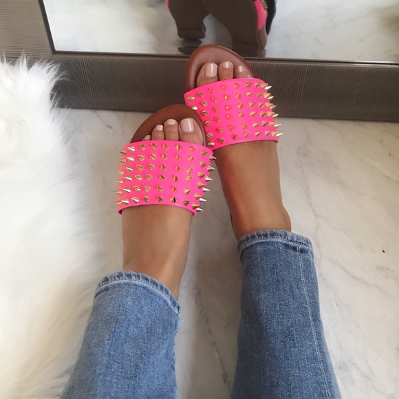 Neon Pink Studded Slide Sandal - Picture 2 of 2